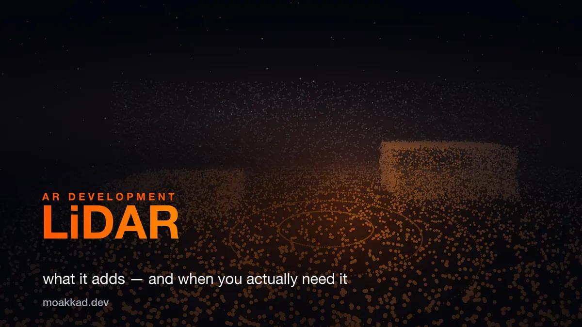 LiDAR point cloud resolving the geometry of a living room — floor, wall, sofa and table picked out in orange scan points, with concentric depth-scan rings across the floor